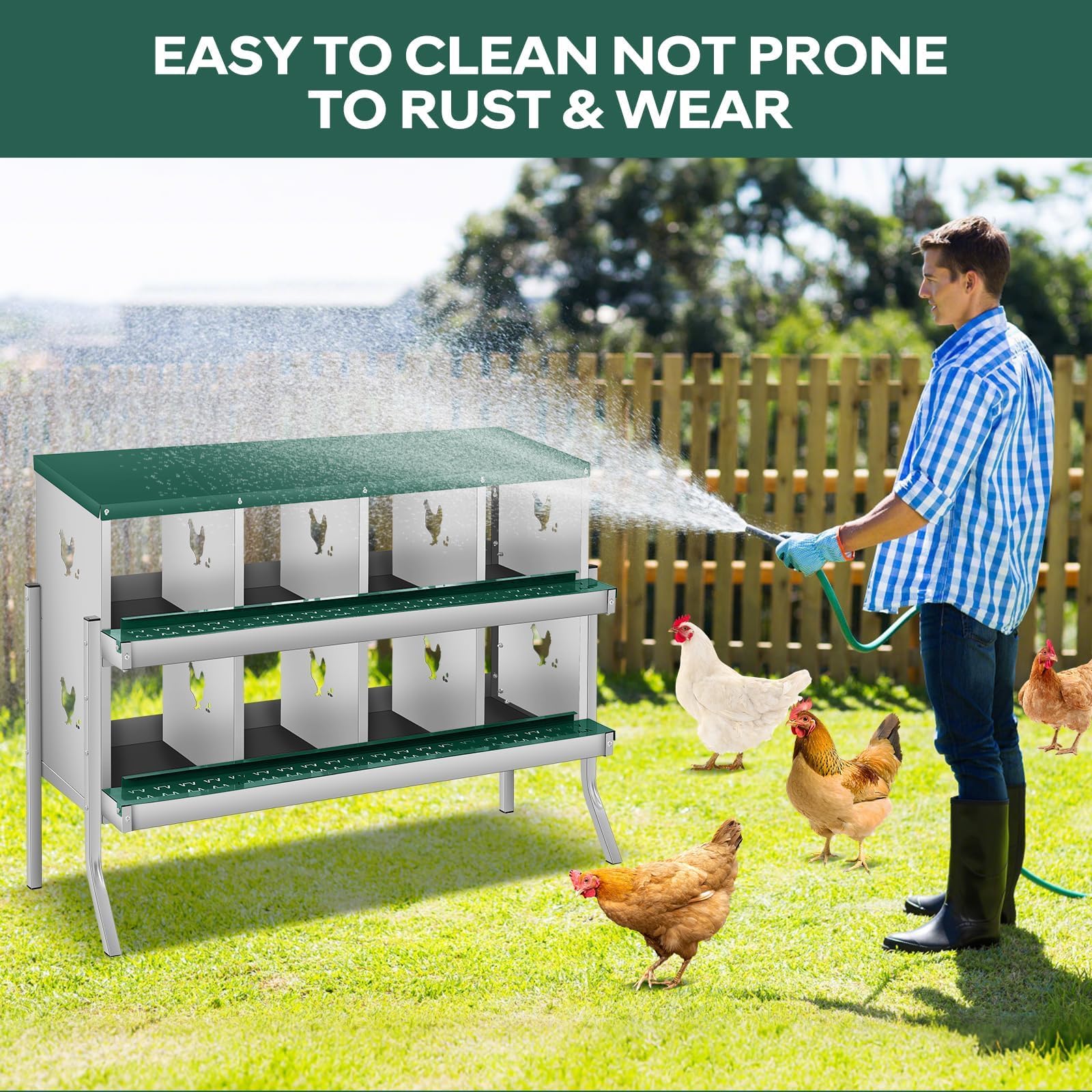 Nidal para gallinas Garvee de 8 compartimentos con sistema de rodamiento en acero galvanizado verde