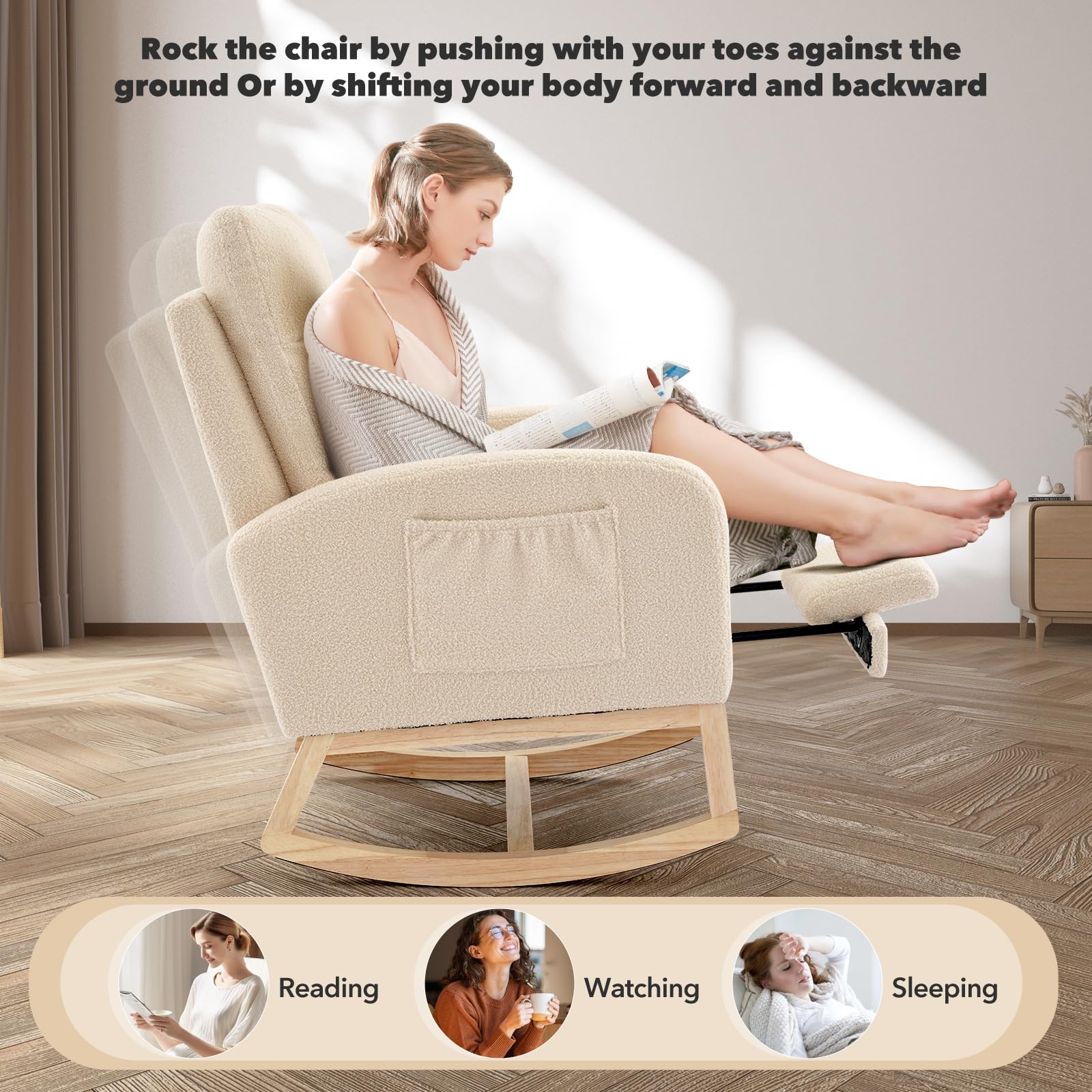 Respaldo alto ergonómico y reposabrazos acolchados de la mecedora Garvee beige