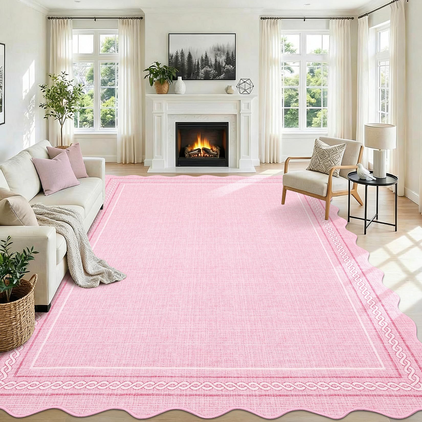 Alfombra rosa borde ondulado patrón cuadros Garvee 160x230cm salón dormitorio